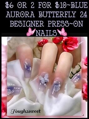 🆕️$6 OR 2 FOR $10~BLUE AURORA BUTTERFLY 24 DESIGNER PRESS~ON NAILS